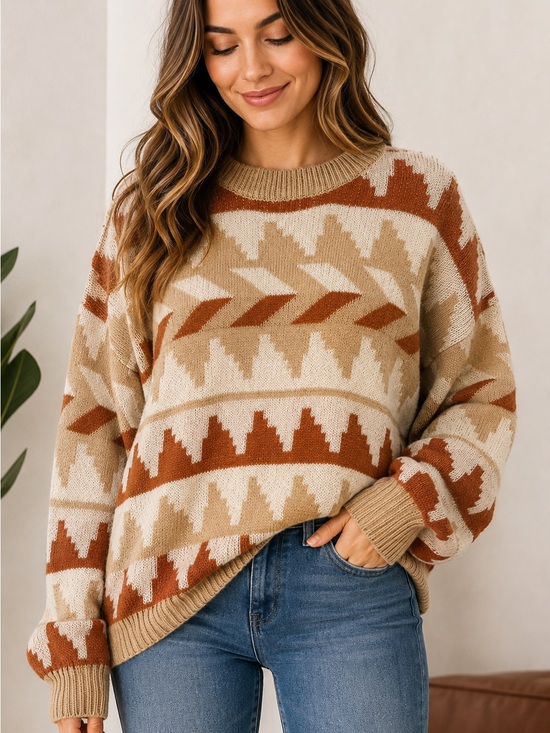 Polagram Sweaters - Classic Geometric Crewneck Sweater - Beige & Rust